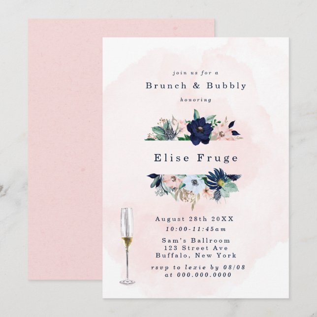 Invitation Chic Navy Blush Rose Florals Brunch & Bubbly (Devant / Derrière)