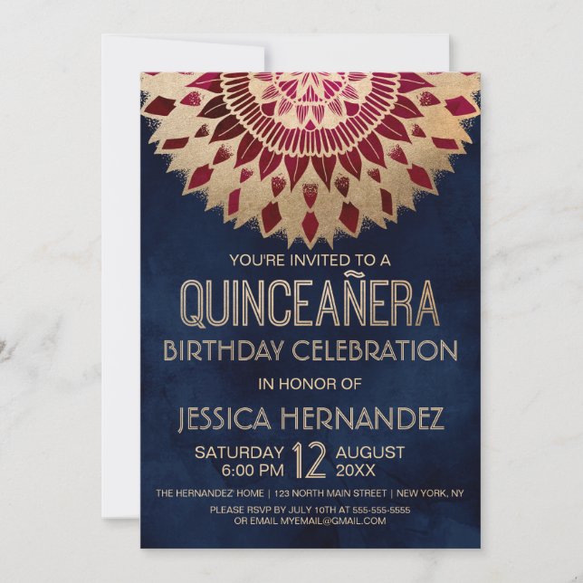 Invitation Chic Navy Bourgogne or Floral Mandala Quinceañera (Devant)