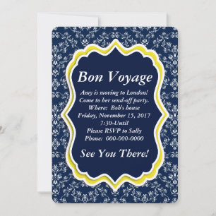 Invitation Chic Navy Damask Floral "Bon Voyage"