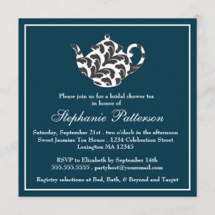 Invitation Chic Navy et White w Damask Fête de l'mariée Tea P