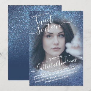 Invitation Chic Navy Parties scintillant Bleue Ombre Photo Sw