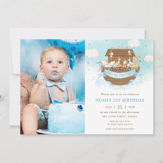 Invitation Chic Noah's Ark Cute Animals Boy Birthday Photo (Devant)