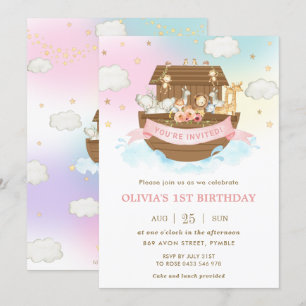 Invitation Chic Noah's Ark mignonne Animaux Fille fête d'anni