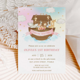 Invitation Chic Noah's Ark mignonne Animaux Fille fête d'anni