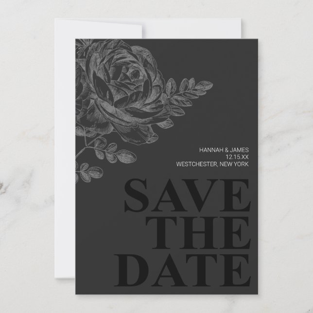 Invitation Chic noir blanc floral Enregistrer la date (Devant)