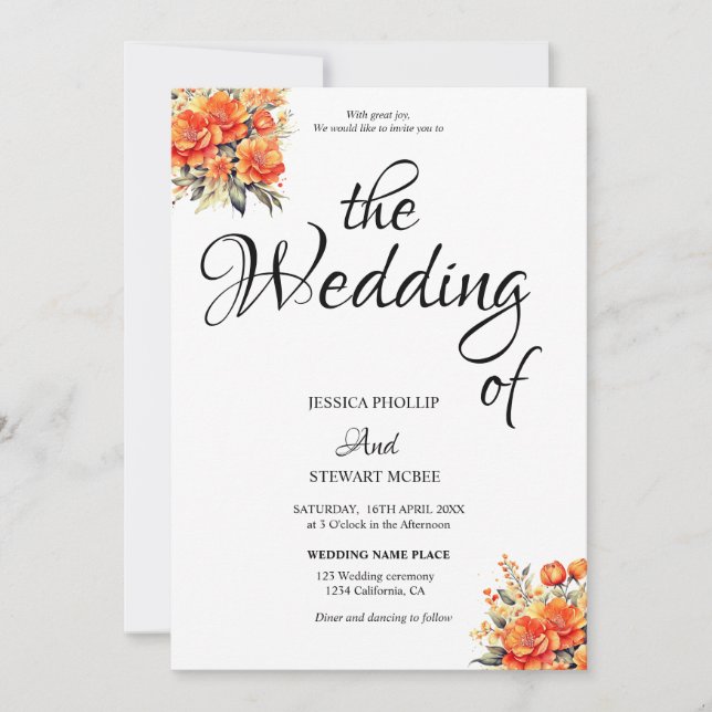 Invitation Chic noir blanc floral tout en un calligraphie  (Devant)