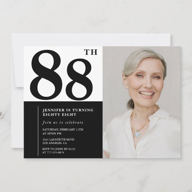 Invitation Chic noir blanc photo 88e anniversaire (Devant)