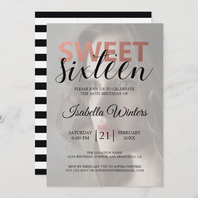 Invitation Chic noir blanc rayures rose doux 16 Photo (Devant / Derrière)