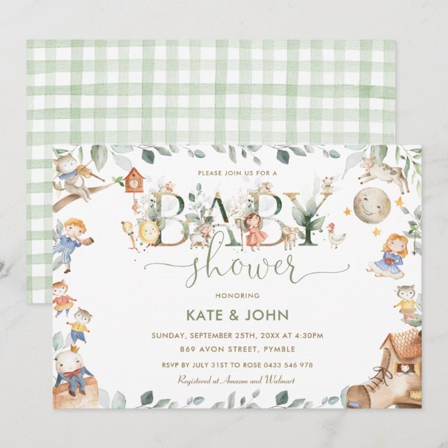 Invitation Chic Nursery Rhyme Baby shower de verdure Neutre (Devant / Derrière)