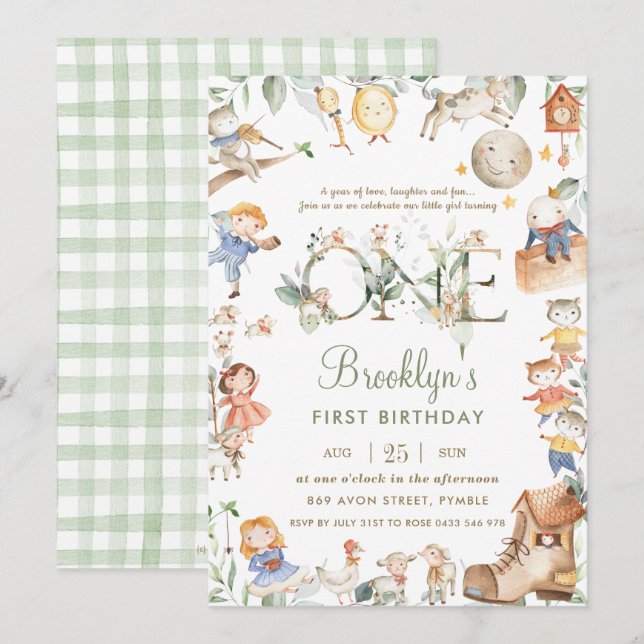 Invitation Chic Nursery Rhyme Verdure 1er Anniversaire Neutre (Devant / Derrière)