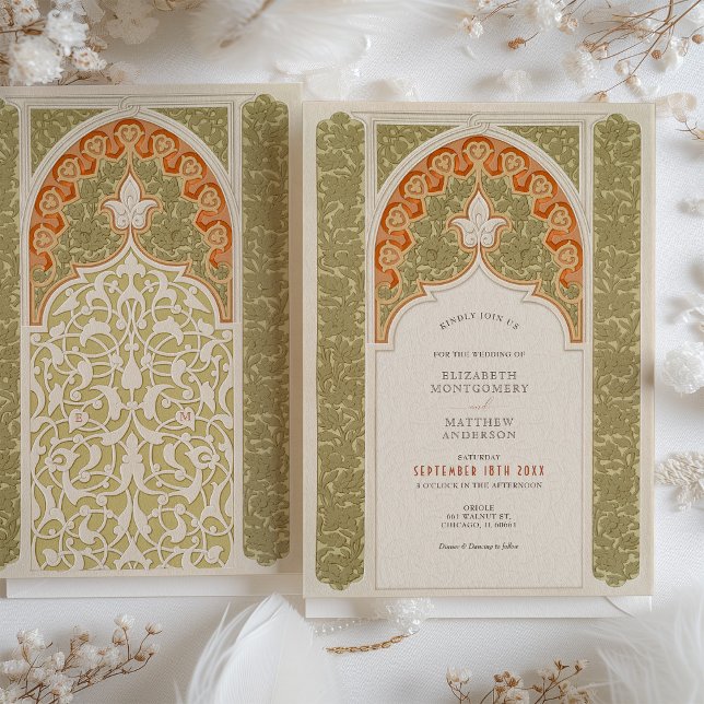 Invitation Chic Olive & Coral Art Nouveau Mariage dentelle (Créateur téléchargé)
