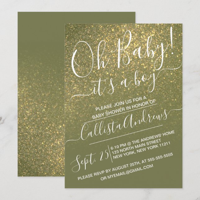 Invitation Chic Olive Green Parties scintillant Parkly Baby s (Devant / Derrière)