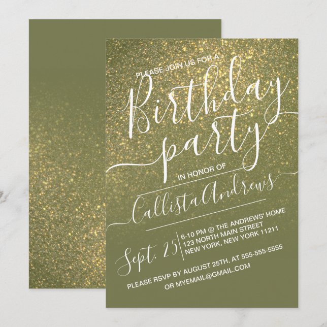 Invitation Chic Olive Green Sparkly Parties scintillant Ombre (Devant / Derrière)