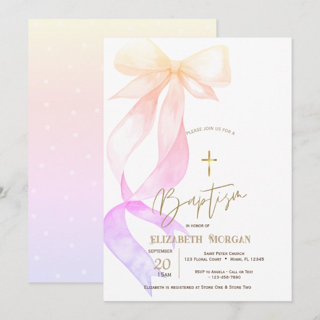 Invitation Chic Ombre Bow Gold Cross Baptism (Devant / Derrière)