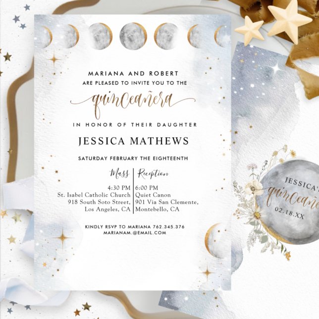Invitation Chic or, blanc et argent Celestial Quinceañera (Créateur téléchargé)