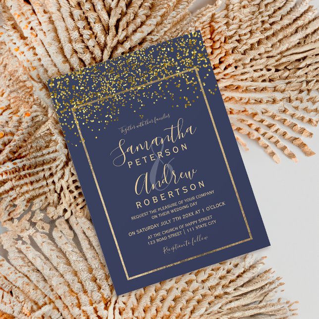 Invitation Chic or confetti marine bleu typographie mariage (Chic gold confetti navy blue typography wedding invitation)