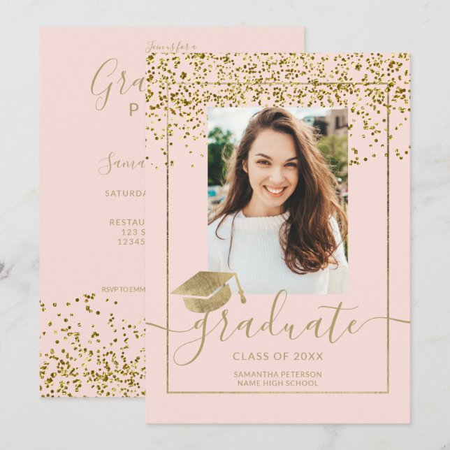 Invitation Chic or confetti rose typographie graduation (Devant / Derrière)