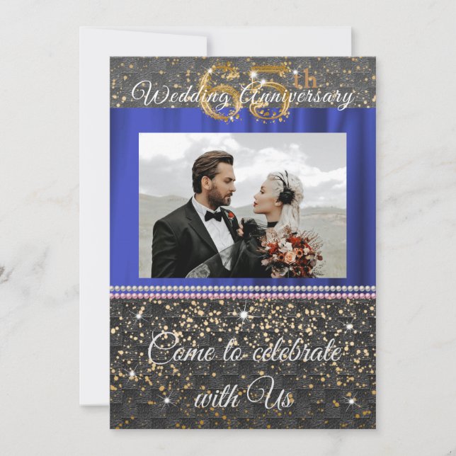 Invitation Chic Or Doré Bleu Soie 65e Anniversaire de Mariage (Devant)