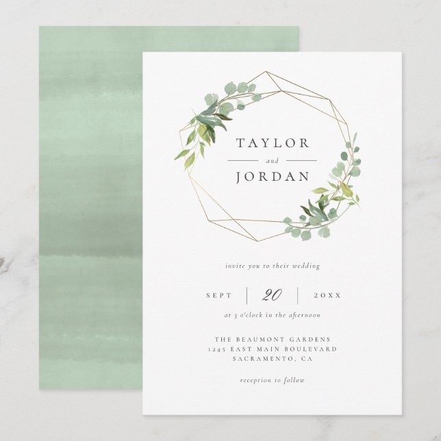 Invitation Chic or géométrique Eucalyptus Mariage vert (Devant / Derrière)