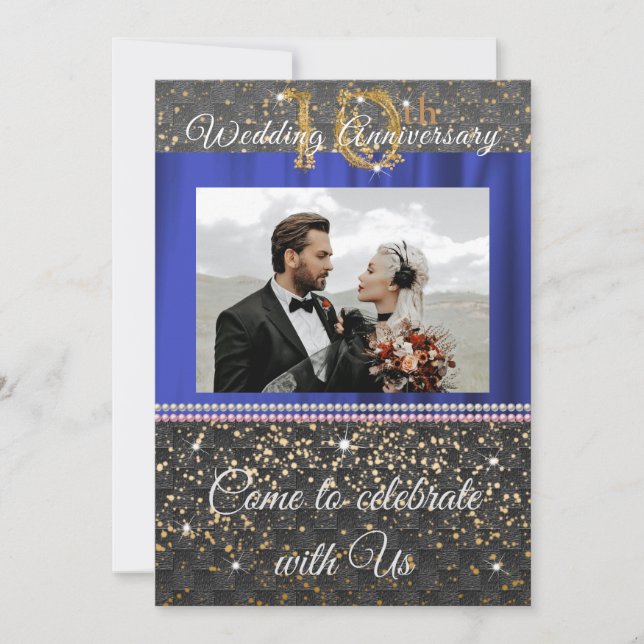 Invitation Chic Or Noir et Perles 10e Anniversaire de Mariage (Devant)