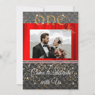 Invitation Chic Or Noir et Perles 1er Anniversaire de Mariage