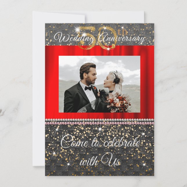 Invitation Chic Or Noir et Perles 50e Anniversaire de Mariage (Devant)