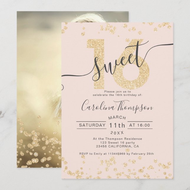 Invitation Chic or parties scintillant confetti blush Sweet 1 (Devant / Derrière)