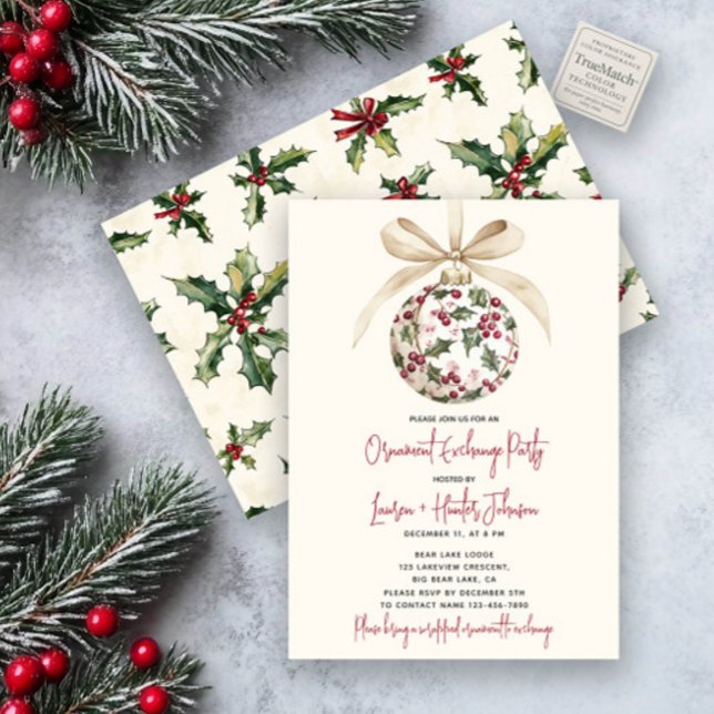 Invitation Chic Orament Exchange Red Bow Holly Berry Party (Créateur téléchargé)