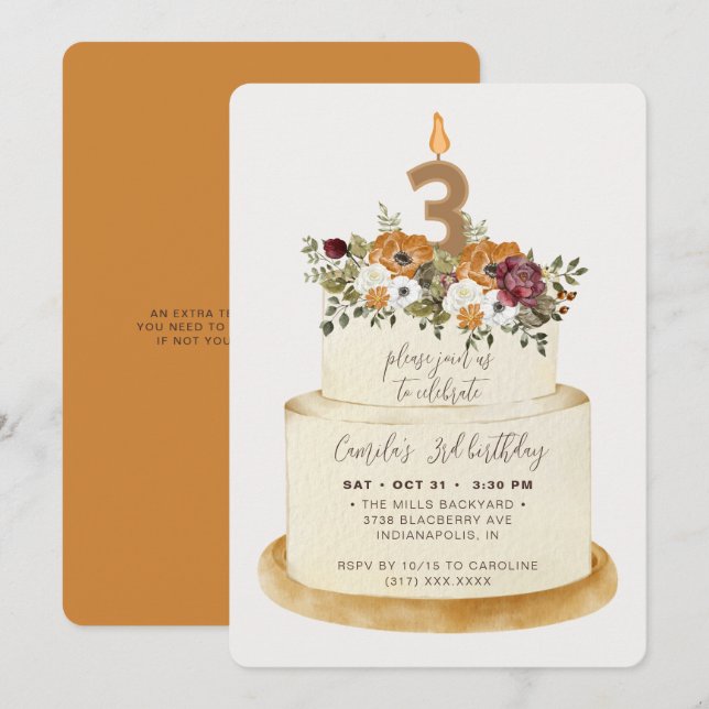 Invitation Chic Orange Automne 3 Anniversaire Gâteau (Devant / Derrière)