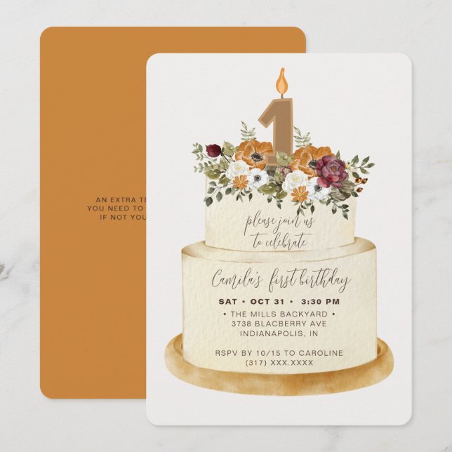 Invitation Chic Orange Automne Premier Anniversaire Gâteau (Devant / Derrière)