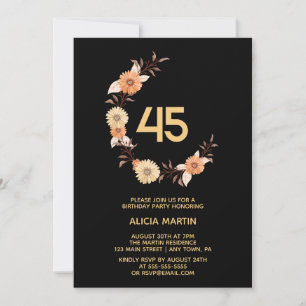 Invitation Chic Orange Fleur Botanique Or Noir Anniversaire