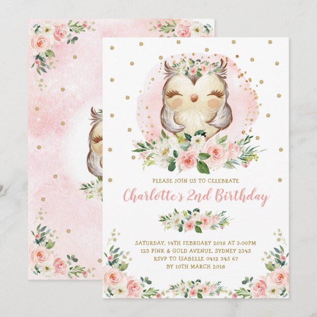 Invitation Chic Owl Blush or rose Floral Girl Anniversaire (Devant / Derrière)
