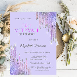 Invitation Chic Pailleté Violet Drips Lavande Bat Mitzvah