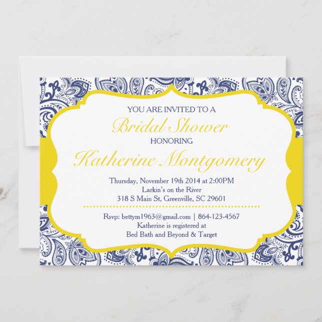 Invitation Chic Paisley Bridal Shower Navy Lemon (Devant)