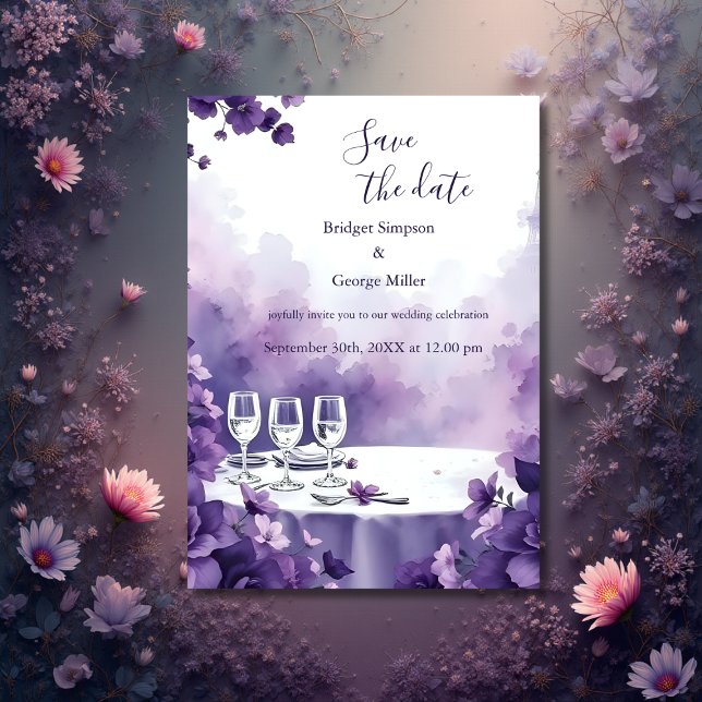 Invitation Chic Paris & Purple Floral Mariage à la date (Créateur téléchargé)