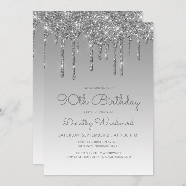 Invitation Chic Parties scintillant Drip Argent 90e anniversa (Devant / Derrière)