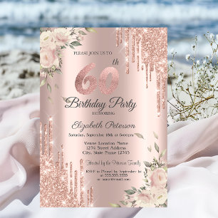 Invitation Chic Parties scintillant Drips, Fleurs Rose Or 60e