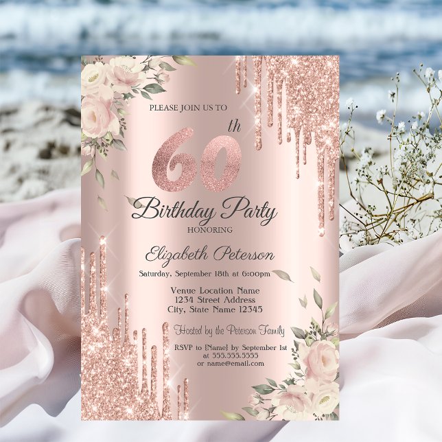 Invitation Chic Parties scintillant Drips, Fleurs Rose Or 60e (Créateur téléchargé)