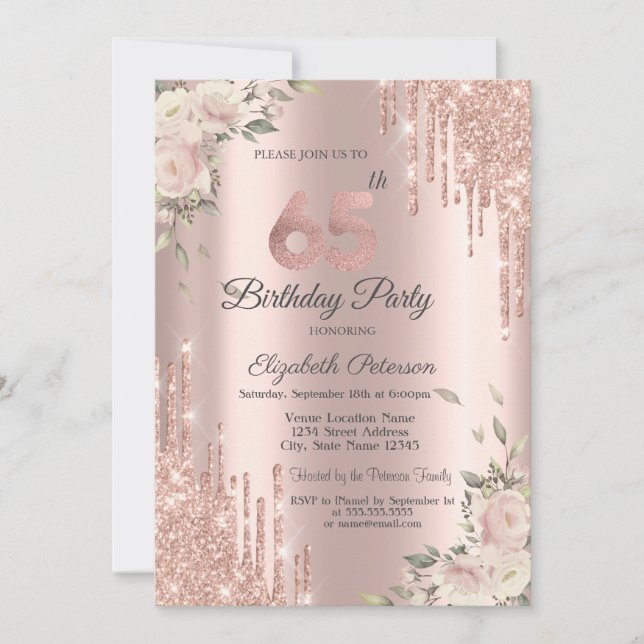 Invitation Chic Parties scintillant Drips, Fleurs Rose Or 65e (Devant)