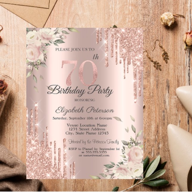 Invitation Chic Parties scintillant Drips, Fleurs Rose Or 70e (Créateur téléchargé)