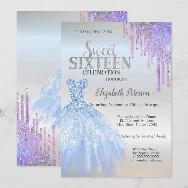 Invitation Chic Parties scintillant Drips, Robe Bleue Silver  (Devant / Derrière)