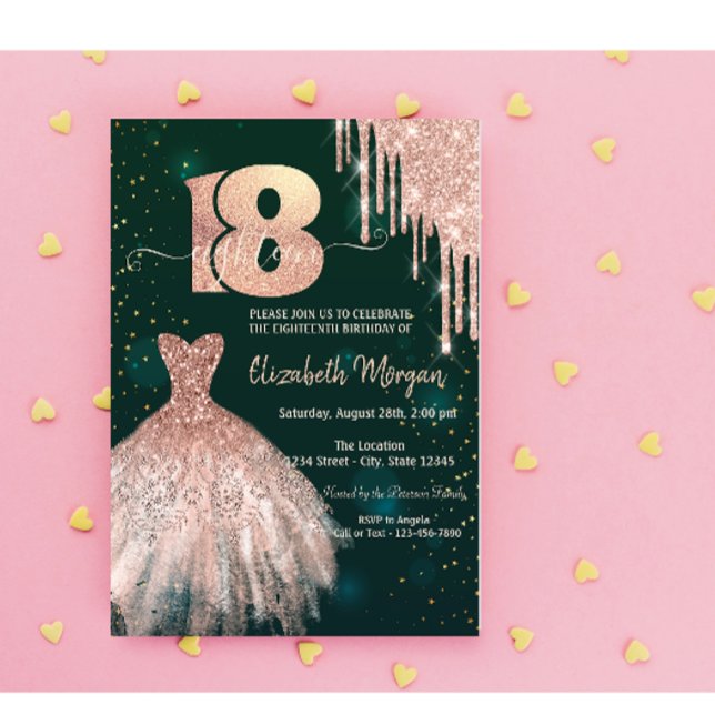 Invitation Chic Parties scintillant Drips Robe Vert 18e anniv (Créateur téléchargé)