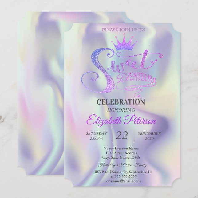 Invitation Chic Parties scintillant Tiara Holographic Sweet 1 (Devant / Derrière)