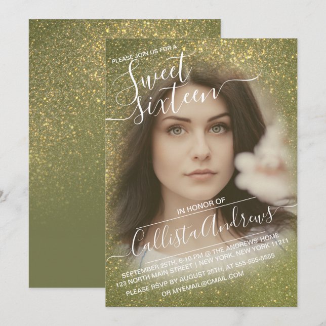 Invitation Chic Parties scintillant verte Olive Ombre Photo S (Devant / Derrière)