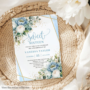 Invitation Chic Pastel Bleu Blanc Or Fleurs Douces 16