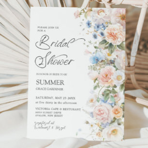 Invitation Chic Pastel Blush Blanc Bleu Fête des mariées Flor