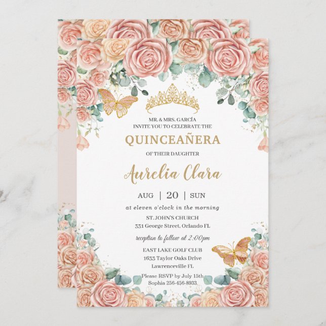 Invitation Chic Pastel Blush Peach Floral Rose Quinceanera (Devant / Derrière)