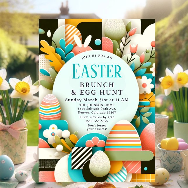Invitation Chic Pastel Moderne Pâques Brunch & Chasse aux Oeu (Modern Easter Brunch & Egg Hunt Invitation)