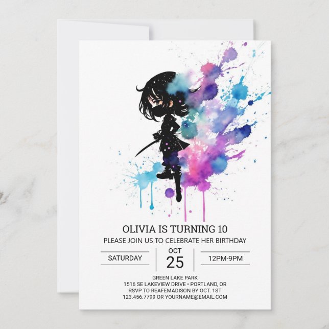 Invitation Chic Pastel Ninja Fille Anniversaire (Devant)