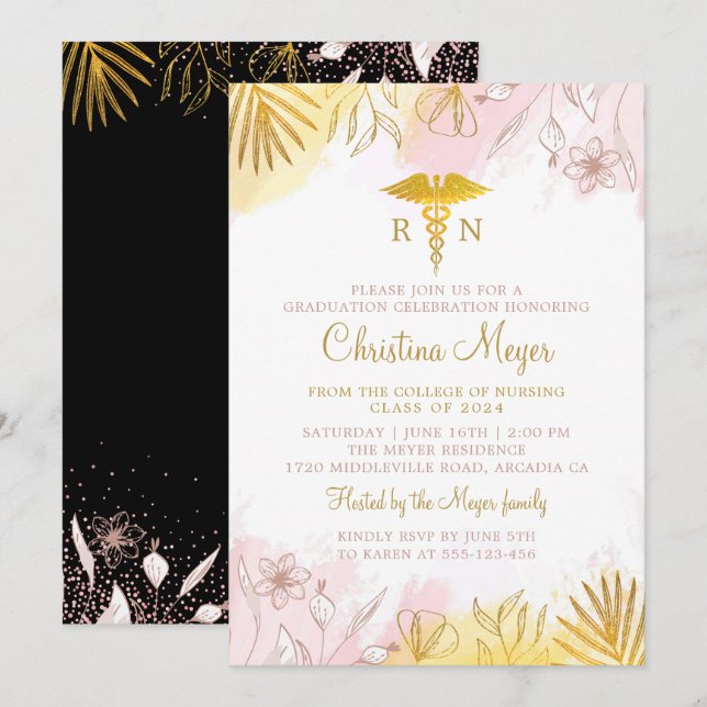 Invitation Chic Pastel Rose or Floral RN Infirmière Graduatio (Devant / Derrière)